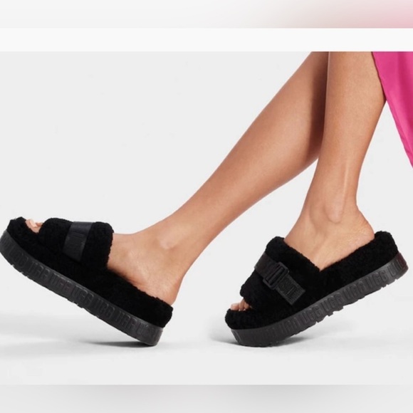 UGG Shoes - UGG Black Womens Fluffita Fuzzy Slide Sandals